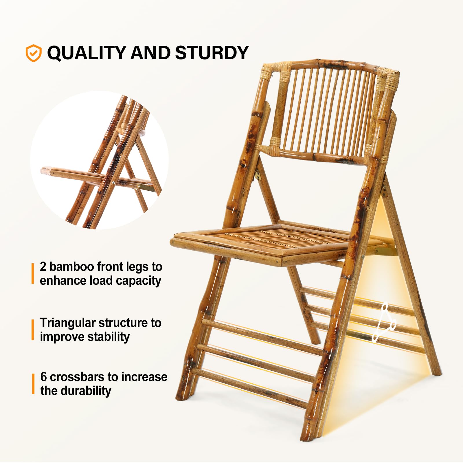 VINGLI Bamboo Folding Chair, Foldable Dining Wood Chairs Comfortable Seat for Outdoor & Indoor, Patio, Porch, Wedding, Party, Event,Brown (1 Pack)