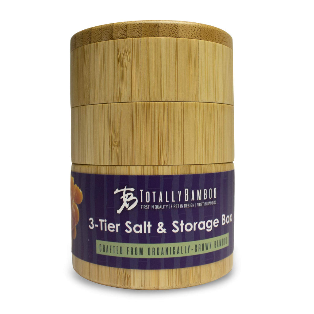 Totally Bamboo Triple Salt Cellar – 3 Tier Bamboo Salt and Pepper Storage Box with Magnetic Swivel Lids, Seasoning Holder for Salt, Herbs, and Spices, 1⅓ Cup Capacity