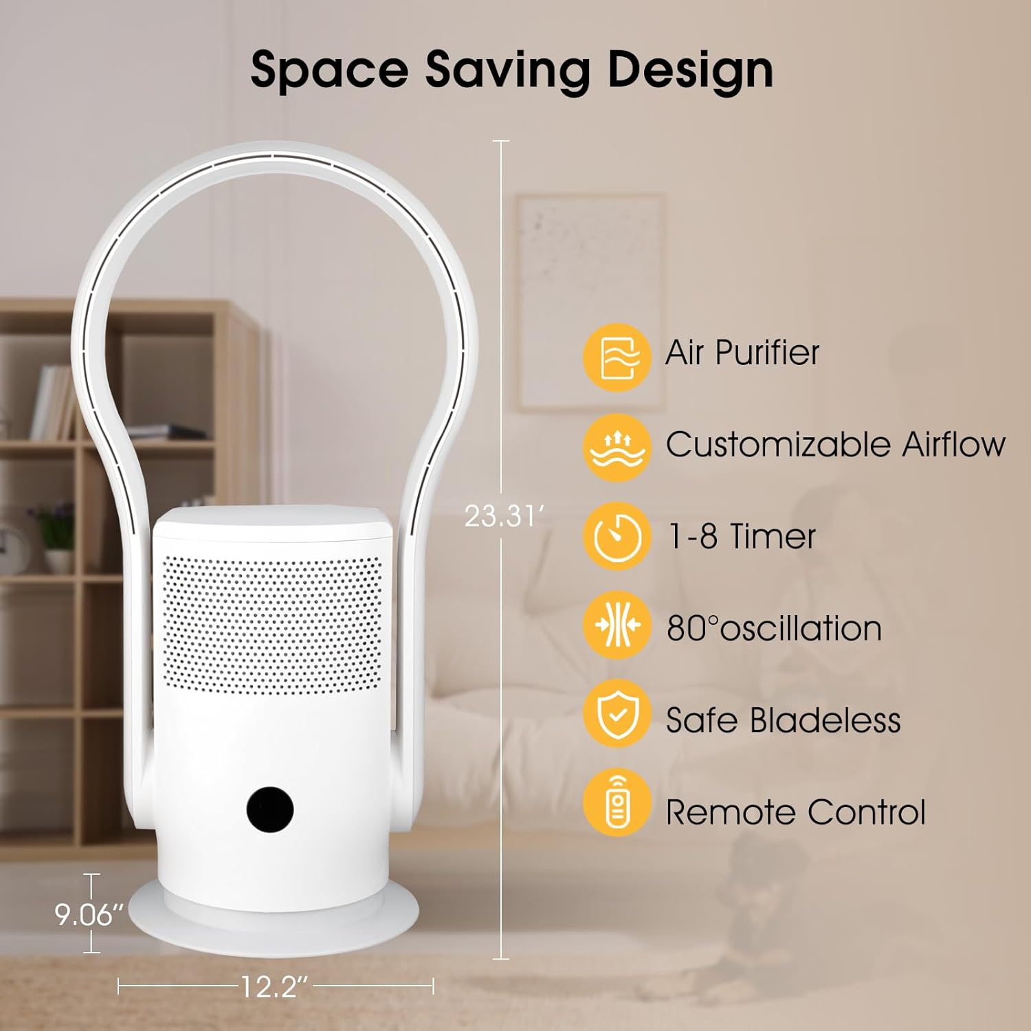 Skiennix Bladeless Tower Fan - HEPA Filter, 80° Oscillation, Remote Control, 9 Speeds, White