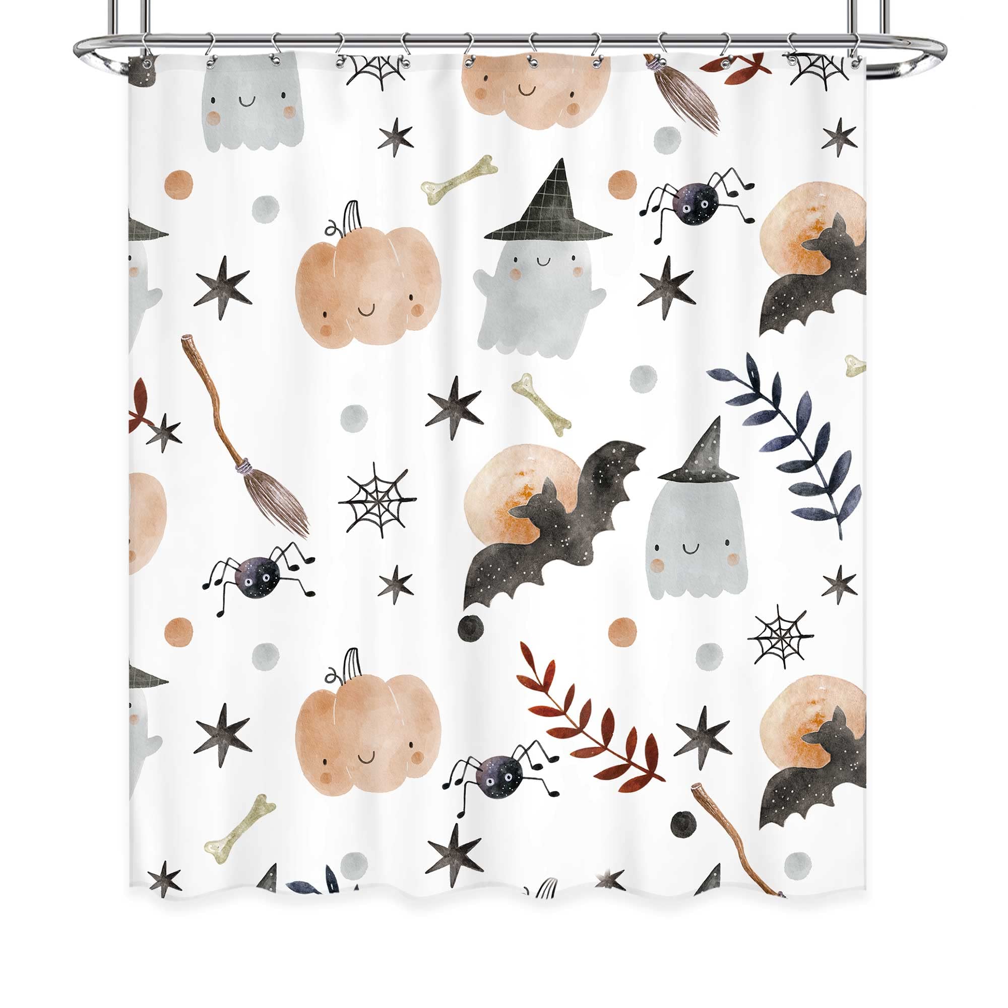 Ufeela Halloween Kids Shower Curtain 60Wx72L Inch Cute Cartoon Ghost Pumpkin Shower Curtain Bathroom Set Bat Spider Web Wizard Hat Funny Stars Leaves Bath Curtain Bathtub Accessories Home Decor