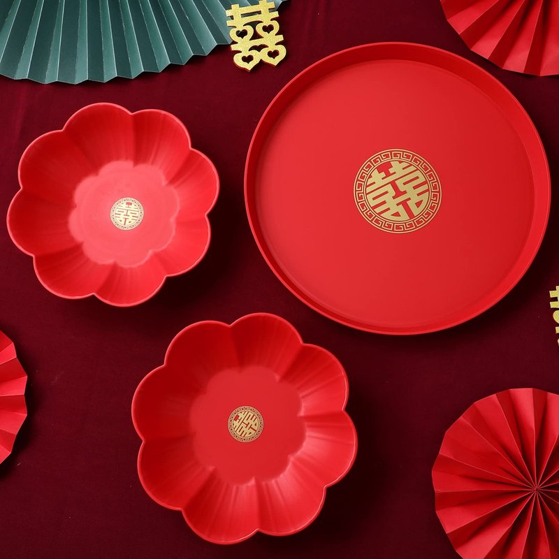 Red Serving Tray Set: 3PCS Decorative Round Wedding Snack Trays and Petal Snack Bowls - Flower Shape Candy Plate Happiness Chinese Wedding Decor for Tea, Fruit, and Coffee Table