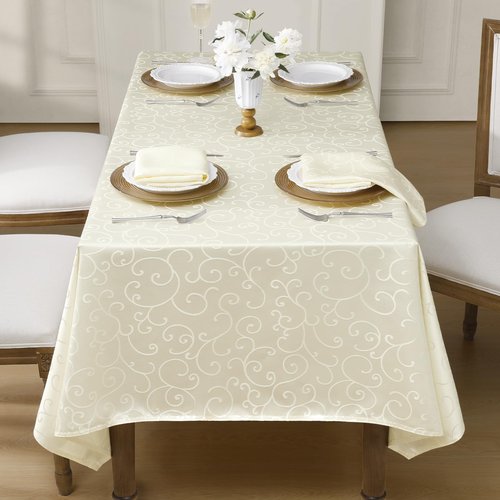 Romanstile Jacquard Rectangle Tablecloth, Waterproof Elegant Damask Curly Floral Pattern Table Cloth, Washable Decorative Polyester Table Cover for Kitchen/Dining/Parties - Ivory/Cream, 60 x 84 Inch