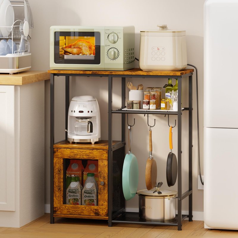 Small Kitchen Island Table with Storage, 4 Tier Microwave Stand, Bakers Rack, Coffee Bar Cabinet Station with Storage Cabinet, Kitchen Rack with Adjustable Shelves & 3 Hooks for Kitchen Dining Room