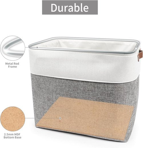 Bagnizer Large Fabric Storage Baskets - 50L Decorative Linen Bins with Handles for Organizing | 17x12x15 Inches (Grey & White)
