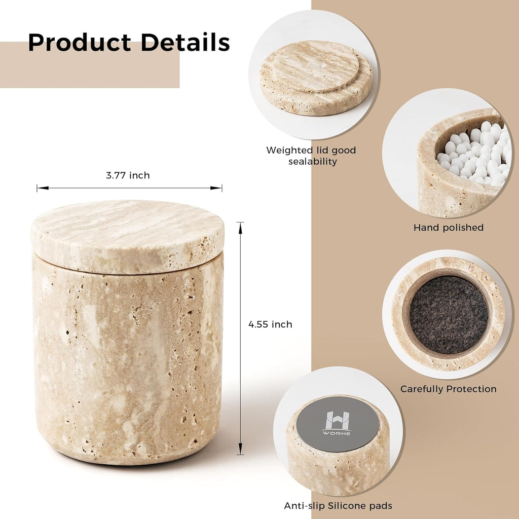 WORHE Travertine Qtip Holder - Large Capacity Marble Dispenser with Lid for Bathroom Essentials | Beige