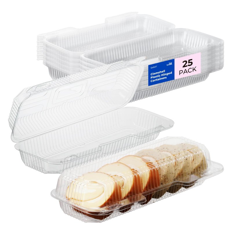 Fit Meal Prep 25 Pack 12" x 5" x 3" Clear Hinged Plastic Containers, Clamshell Take Out Containers, Bakery To Go Disposable Plastic Container, Ideal for Cake Roll Cookie Pastry Bread Fruit Sandwiches