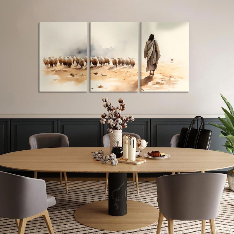 3Pcs Jesus And Lamb Canvas Wall Art Jesus Left 99 Lost Lambs Wall Decor Pictures Christian Spiritual Healing Posters Prints Paintings for Living Room Bedroom Church Prayer Room Artwork Home Decoration