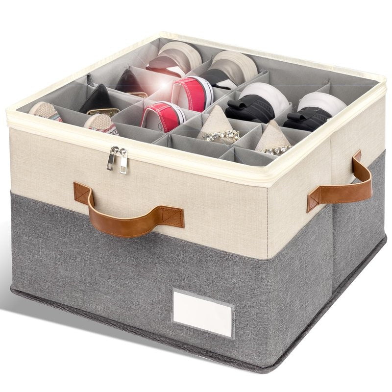 RONCHIL Shoe Organizer for Closet, Foldable Shoe Storage Bins with Clear Cover, Space Saving Shoes Holder with 4 Handles, Large Adjustable Shoe Box Storage Containers, Fits 12-24 Pairs, 2 Pack, Beige