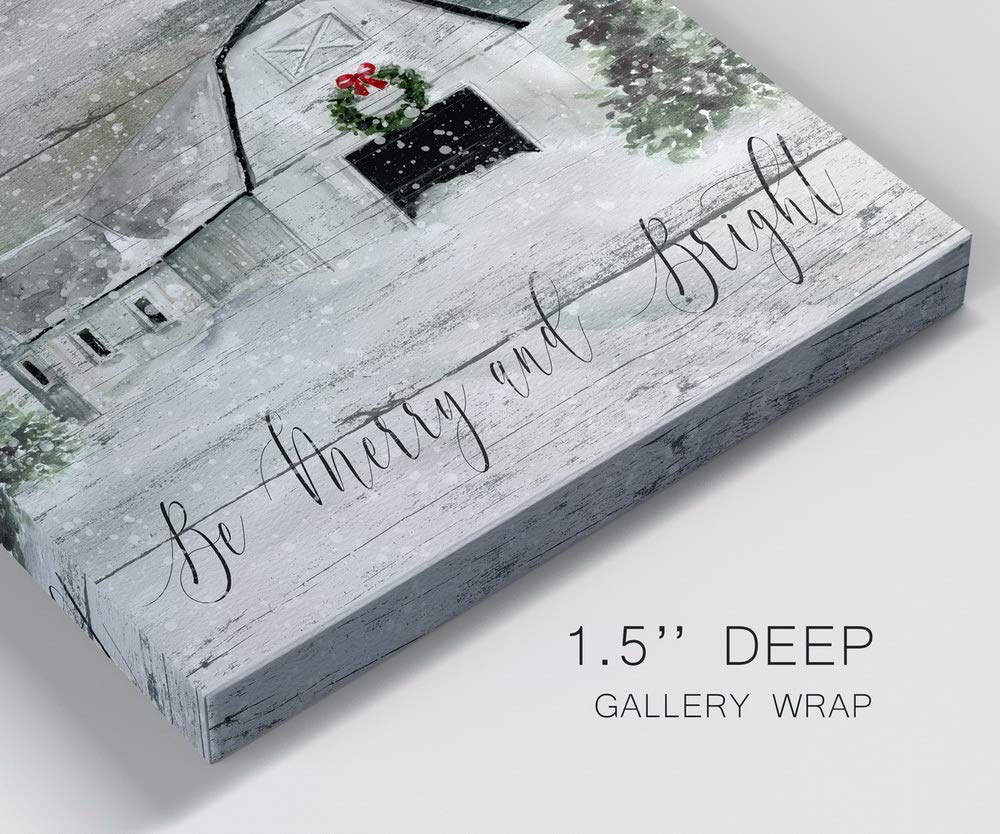 Renditions Gallery Be Merry and Bright Wall Art, Cute Christmas & Winter Artwork, Festive Barn, Faux Wood Look, Premium Gallery Wrapped Canvas Decor, Ready to Hang, 24 in H x 24 in W, Made in America