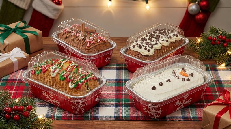 PACTOGO Disposable 1 lb. Red Holiday Christmas Aluminum Foil Small Mini Loaf/Bread Baking Pans with Clear Dome Lids (Pack of 12 Sets)