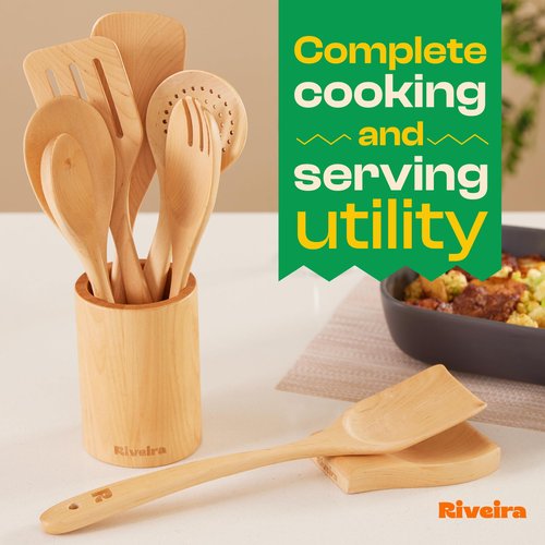 Riveira Maple Wooden Spoons for Cooking Set of 9 – Natural Maple Wooden Cooking Utensils, Wooden Spatula, Wooden Spoon - Premium Quality Wooden Utensil Set for Non-Toxic Cooking
