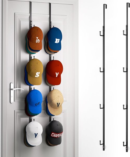 HapiRm Over Door Hat Rack | 2-Pack Baseball Cap Organizer with 8 Hooks - Holds Up to 40 Caps (Black)
