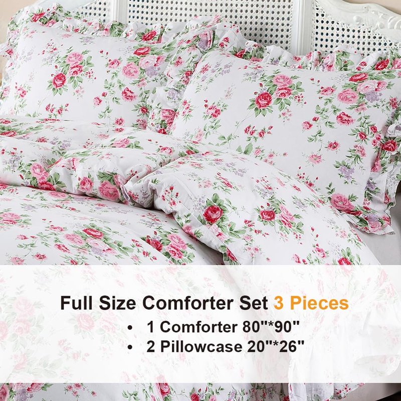 ZJZC Art Ruffle Duvet Cover Set Queen, 100% Cotton Pink Rose Floral Duvet Cover Cottage French Countryside Vintage Shabby and Chic 3 Pieces with Pillow Shams (Rose,Full)