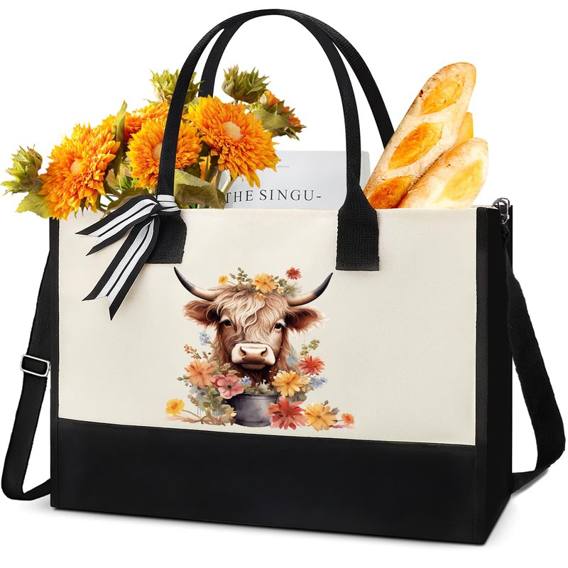 INCOK Highland Cow Gifts Tote Bag - Mother's Day Gift Personalized Highland Cow Canvas Tote Bag with Zipper Aesthetic Floral Reusable Grocery Handbag for Women Cow Lover Mothers Day Travel Beach Bag