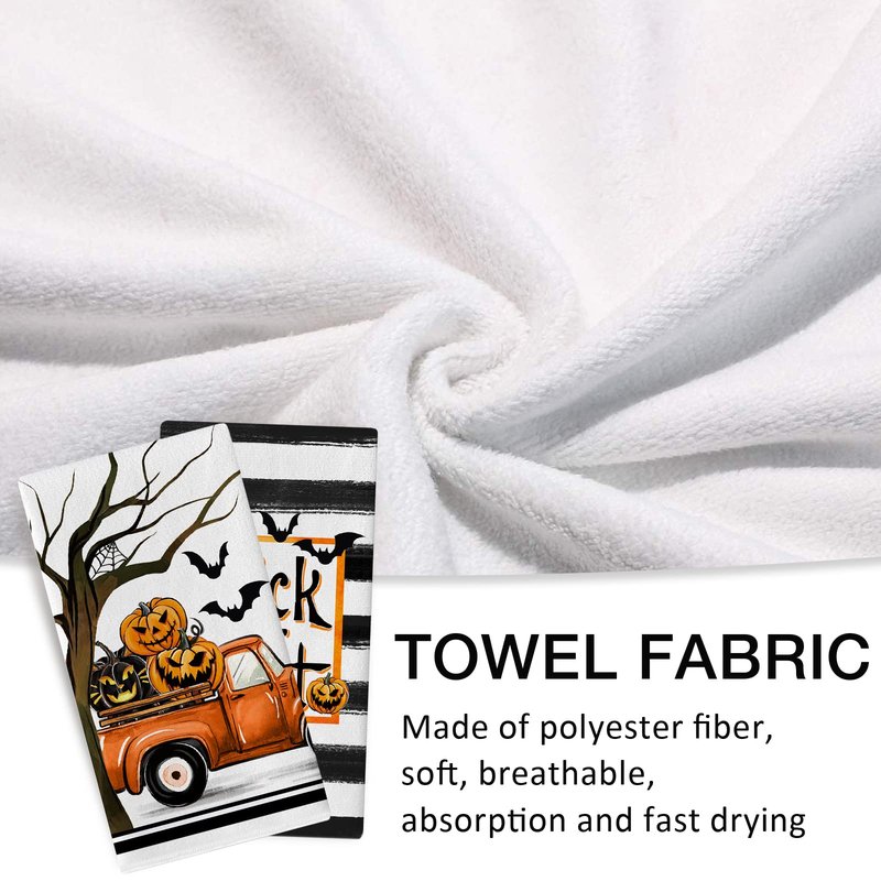 Seliem Halloween Trick or Treat Kitchen Dish Towels Set of 2, Jack O Lantern Pumpkin Truck Hand Towels Stripes Drying Baking Cooking Cloth, Spooky Bat Holiday Funny Home Kitchen Decor 18x26 Inch