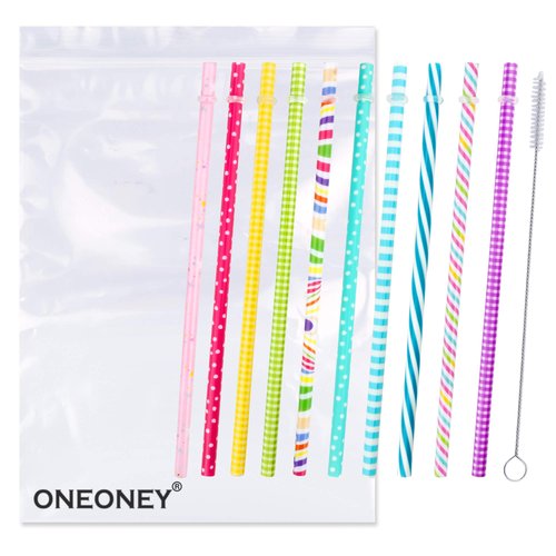 JANYUN 40 Pieces Reusable Straws BPA-Free 9" Colorful Printing Hard Platic Stripe Drinking Straw for Mason Jar Tumbler Family or Party Use Cleaning Brush Included Random Style (Casual Style)