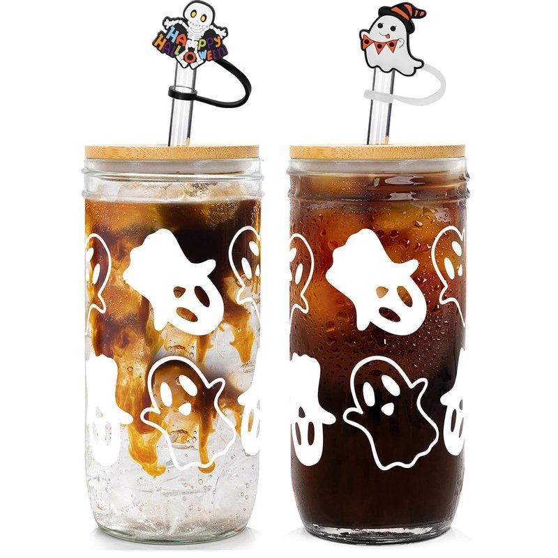 Anotion Ghost Decor 24oz Mason Jar Glass Cups with Lids and Straws - Halloween Tumblers and Coffee Cups - Indoor Decorations