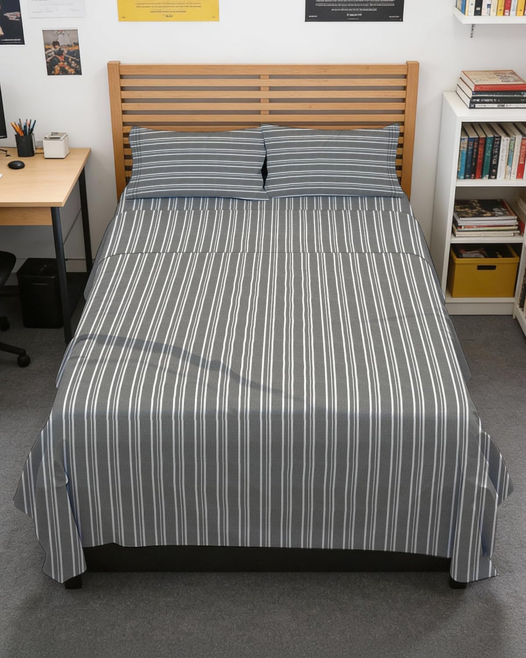 Skiennix Full XL Bed Sheet Set - Soft, Breathable & Cooling 4-Piece Luxury Bedding - Grey Stripes, Deep Pockets
