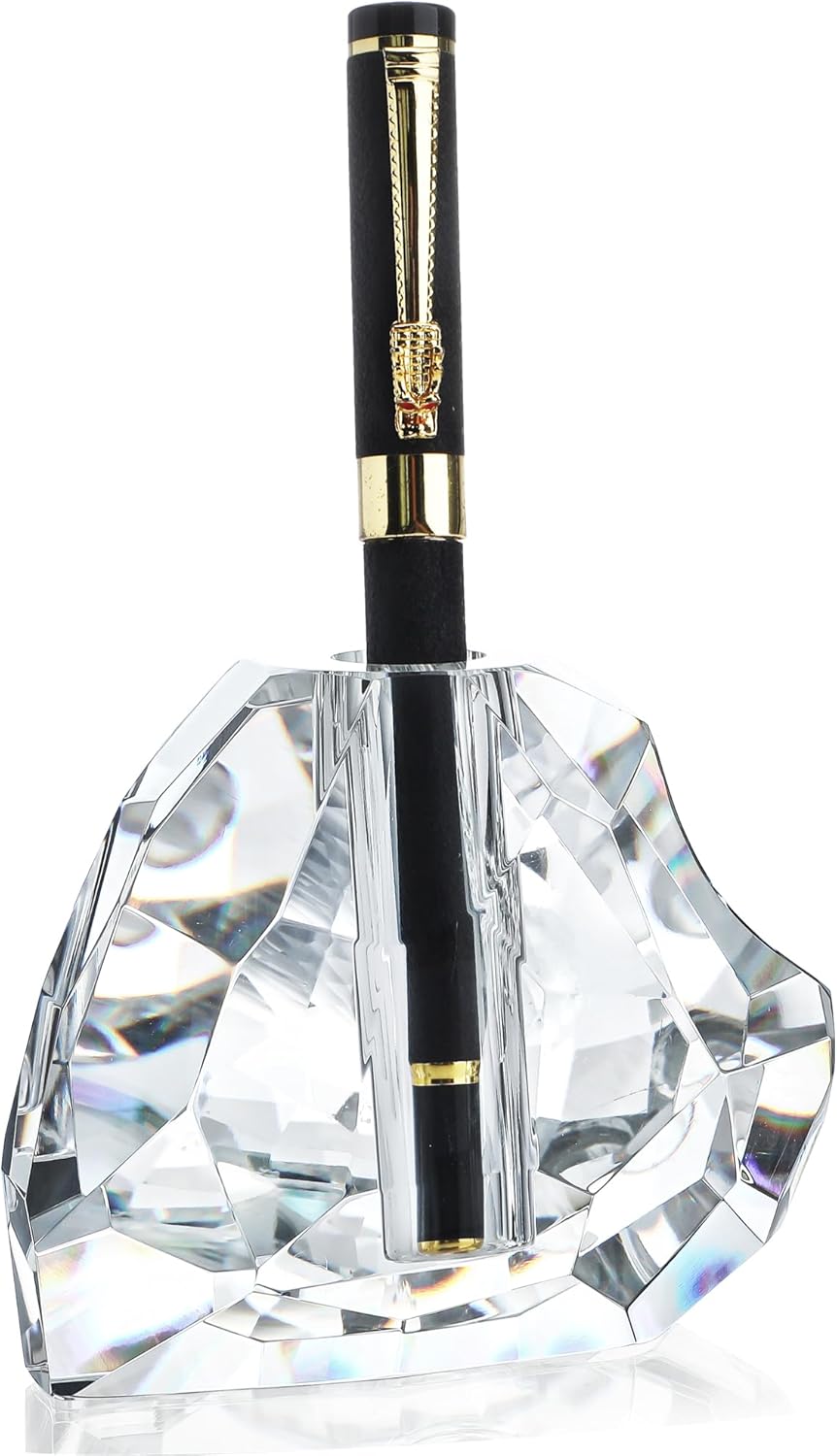 QFkris Crystal Heart Shaped Pen Holder - Elegant Glass Feather Desk Organizer | 3.5" Decorative Stand for Office