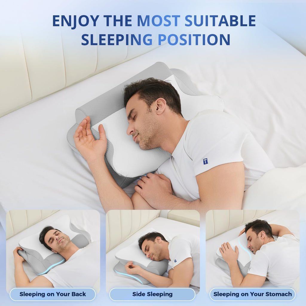 JOLLYVOGUE Cervical Neck Pillow - Contour Memory Foam Pillow for Neck Pain Relief with Cooling Pillowcase, Ergonomic Orthopedic Support for Side Back Stomach Sleepers, Grey & White