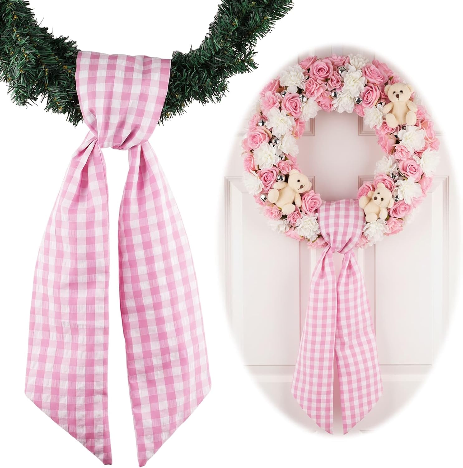 Skiennix Pink Plaid Wreath Sash - Versatile Front Door Decoration for Weddings & Holidays | Indoor/Outdoor Farmhouse Decor