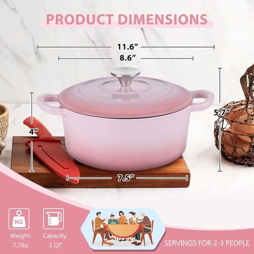 E-far 3 Qt Enameled Cast Iron Dutch Oven - Heavy Duty Nonstick Pot for Baking & Cooking | Pink