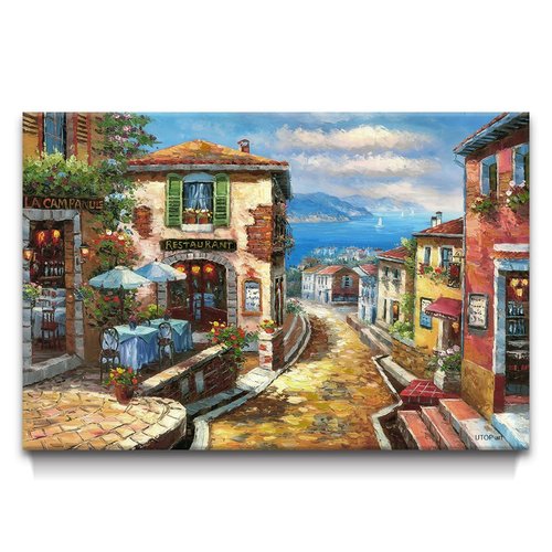 UTOP-art Italian Cityscape Abstract Wall Art Artwork: Mediterranean City italy Street Towns Picture Painting on Canvas for Paris Cafe Room