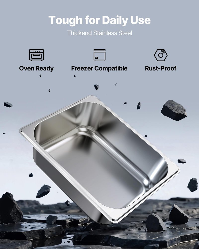 VEVOR 6 Pack Stainless Steam Hotel Pans, 1/2 Size Table Steam Pan, 4 Inch Deep Anti Jam Restaurant Supplies Reusable Rustproof Catering Storage for Home, Party, Restaurant, Hotel, Buffet
