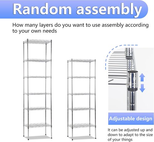 BestOffice 6-Tier Wire Storage Shelves - Heavy-Duty Metal, Chrome Finish | Adjustable Racks | 17x12x64 | Holds Up to 600 lbs | No-Tool Assembly for Home & Garage