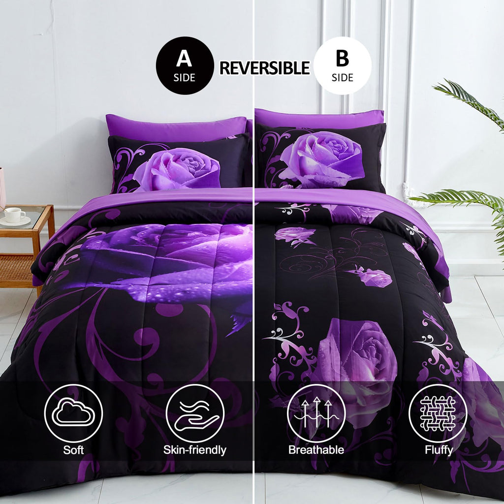 WONGS BEDDING Purple Comforter Set Queen, Reversible Purple Rose 7 Pieces Bed in a Bag, Lightweight Soft Microfiber Bedding Sets with Flat Sheet, Fitted Sheet, Pillowcases & Shams