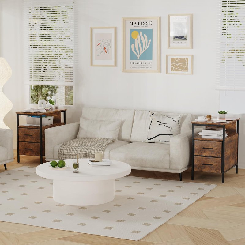 JCMCDO End Table with Charging Station, Narrow Side Table with 2 Fabric Drawer & Storage Shelf, USB Ports & Power Outlets, Narrow Nightstand for Bedroom Living Room and Small Spaces, Rustic Brown