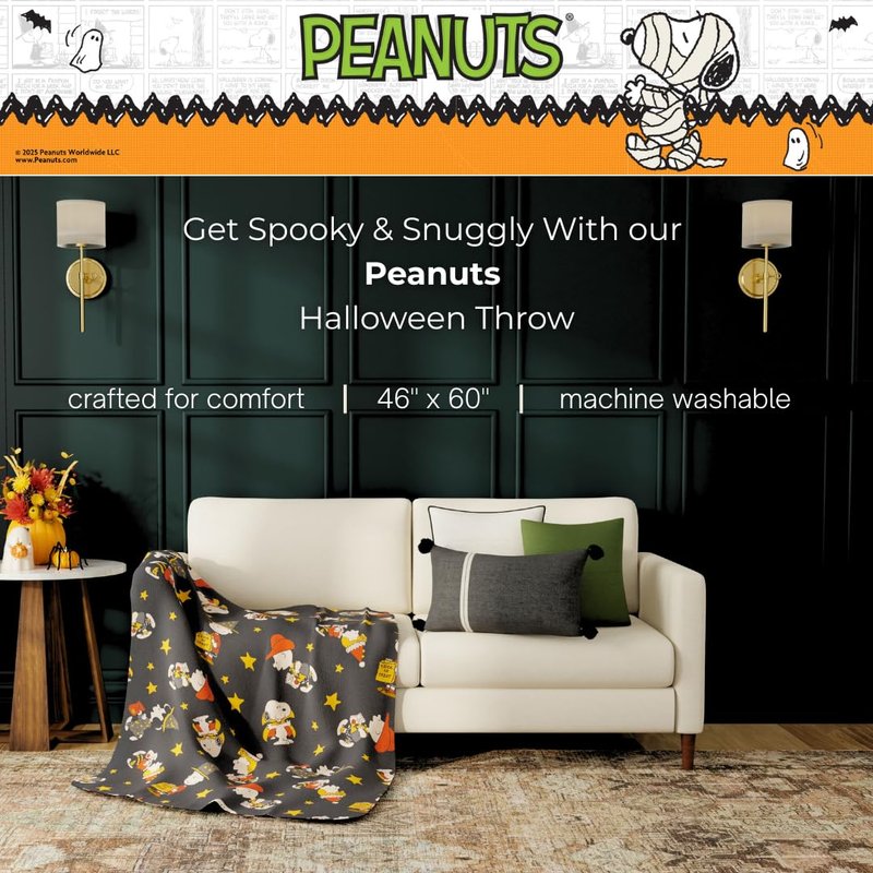 Peanuts Snoopy Cozy Throw 46 in x 60 in – Soft Cozy Plush for Couch, Bed & Travel, Halloween Snoopy & Charlie Brown Design (Officially Licensed Product) by Franco Collectibles