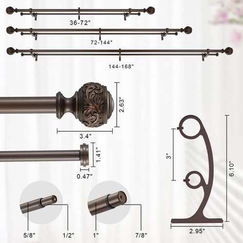 Double Curtain Rod, 1 inch Window Telescoping Drapery Double Rod 72 to 144 Inches (6-12 Feet), Classical Ball Finials,Premium Aluminum Brackets,Antique Bronze