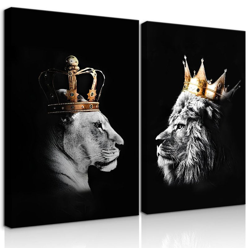 BJVJKSU Black and White Lion Wall Art - King and Queen Lioness Canvas Wall Decor with Gold Crown - Wild Animal Couple Prints Ready to Hang (16x24in)