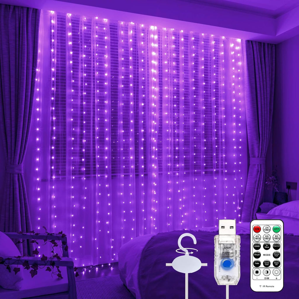 Purple Curtain Light by [Brand Name] - 300 LED Fairy String Lights | 9.8ft x 9.8ft with Remote Control & 8 Modes