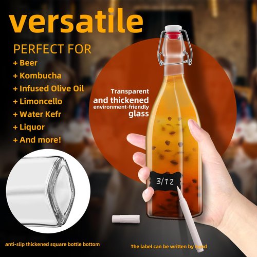 eispap 6 Pack 25oz Square Swing Top Glass Bottles, 750ML Bottles with Airtight Stoppers for Kombucha, Kefir, Vanilla Extract, Beer(Bonus Gaskets, Labels and Funnel)