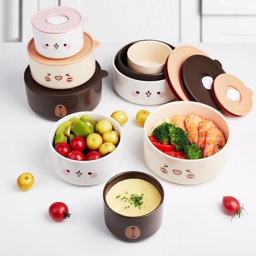 Thousandaynight Ceramic Bowls with Lids, 4, 5, 6 Inch Food Storage Container Bowl, Microwave & Dishwasher Safe, For Soup, Salad, Rice, Cereal, Breakfast, Dinner, Serving, Oatmeal (Bear)