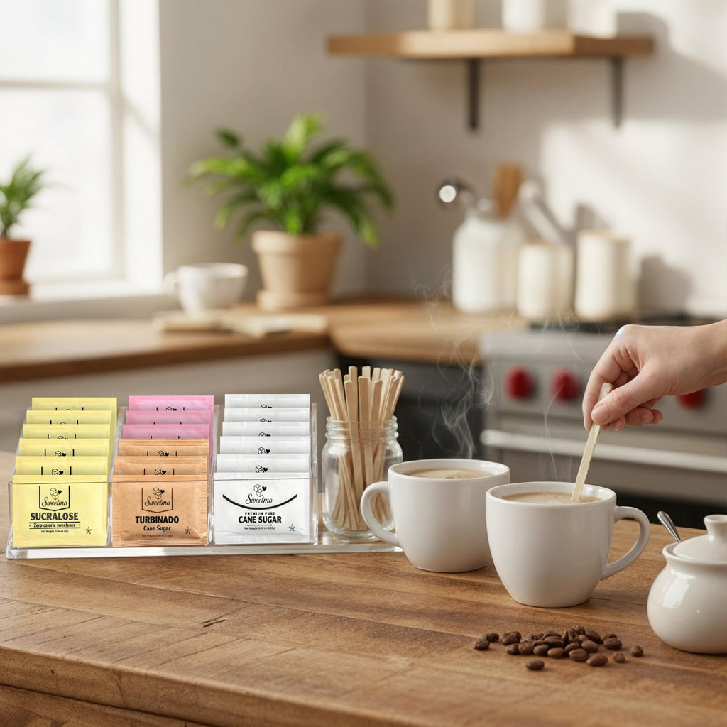 Sweetmo Sugar Packets Variety Pack - Sucralose, Raw, Cane Sugar & Stirrers - 400 Count for Coffee & Tea