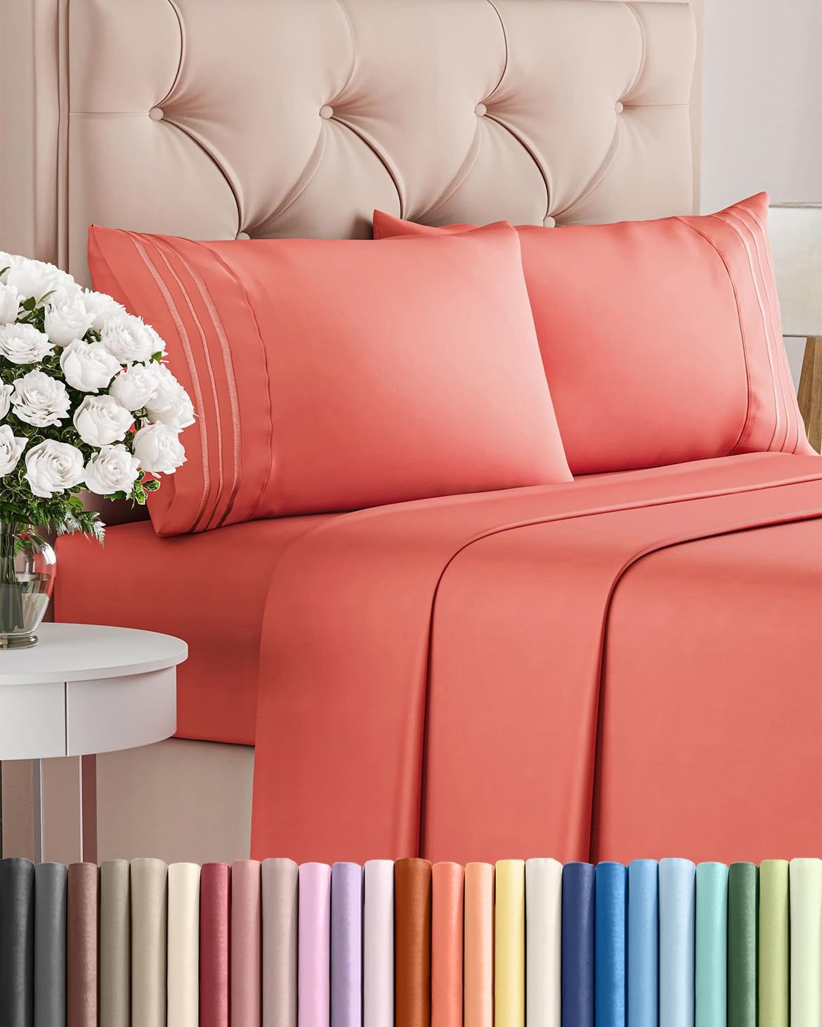 Queen Size Sheet Set by Hotel Luxury | 4-Piece Comfy, Breathable & Cooling Bedding - Ultra-Soft, Deep Pockets - Oeko-Tex Certified - Coral