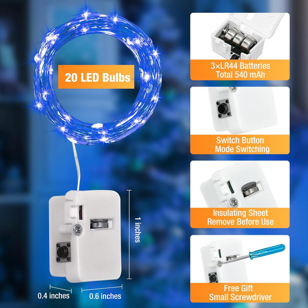 Skiennix 12 Pack Fairy Lights - 7ft Battery Operated 20 LED Twinkle Lights | Waterproof Mini String Lights for DIY Party & Wedding Decor - Blue