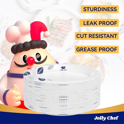 JOLLY CHEF 10-Inch Heavy Duty Paper Plates - 140 Count, Soak Proof & Cut Proof for Everyday Use