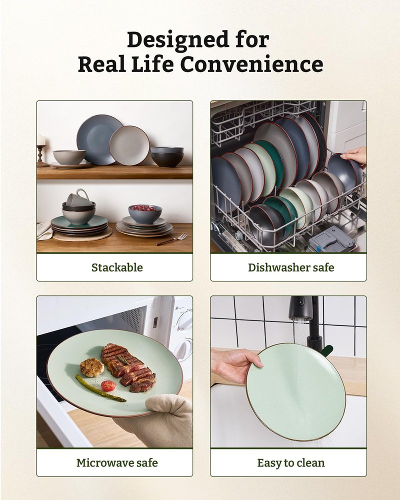 Famiware Venus Plates and Bowls Sets, 12 Pieces Stoneware Speckled Dishes Dinnerware Set for 4, Light Green - Microwave & Dishwasher Safe, Modern Minimalist, for Everyday Meals & Formal Dining