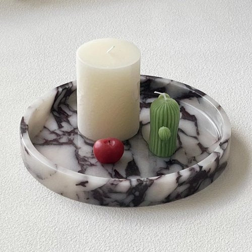StonePlus Natural Marble Vanity Tray, Perfume Jewelry Tray, Round Ottoman Tray for Drinks, Coffee Table, Home Decorative (Calacatta Violet Purple, 9.84Dx1.18H)