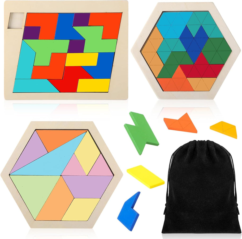Yunsailing Large Hexagon Tangram Puzzle Set - 3 Wooden Brain Teasers for Adults | Classic Geometric Challenge