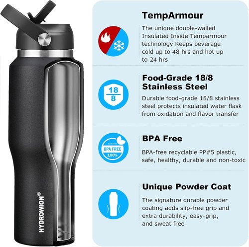 HYDROWION 32oz Stainless Steel Water Bottle - Double Wall Vacuum Insulated | Keeps Drinks Cold for 48 Hrs, Hot for 24 Hrs, Black