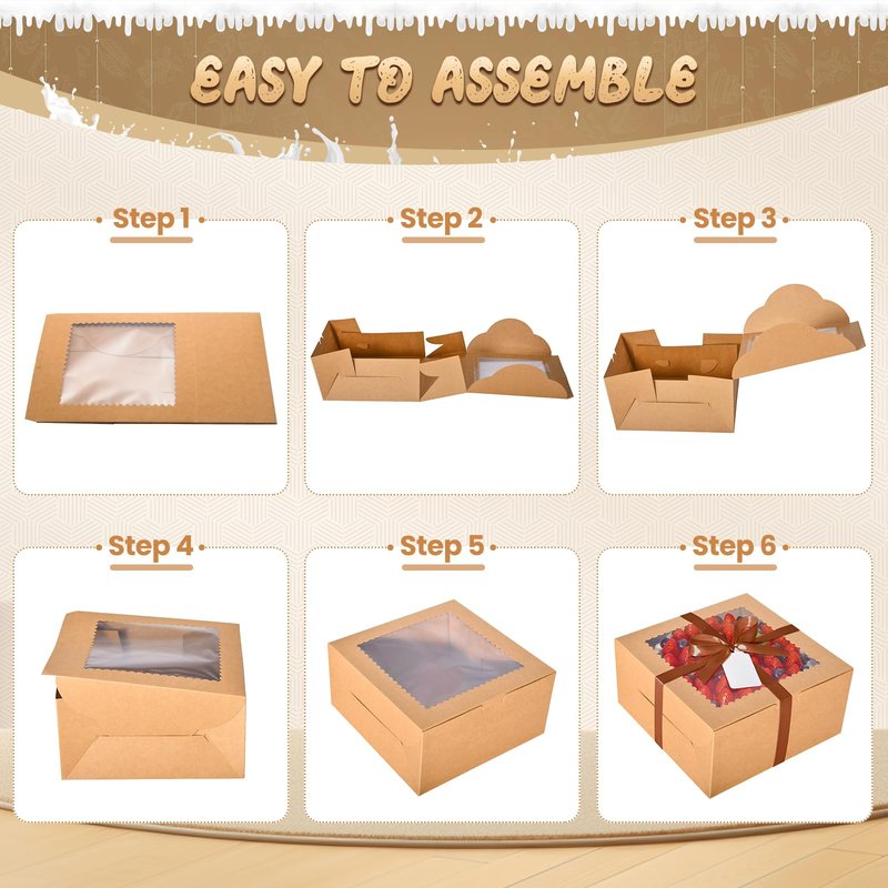 DOYIDE 32Pcs 10 Inch Cake Boxes with Cake Boards (16Pcs Brown Cake Boxes, 16Pcs Cake Boards), 10x10x5 Inch Bakery Boxes with Window, Cake Carrier Container for Birthday Party, Wedding
