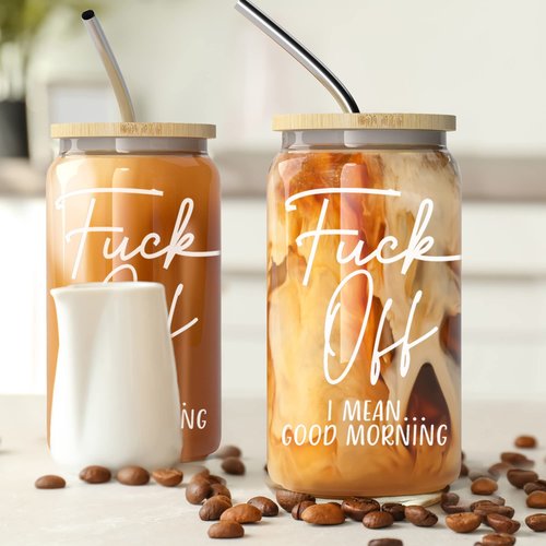 Heather & Willow Set of 2 | 16 oz Iced Coffee Cup with Bamboo Lids + Straws | Mason Jar Cups & Iced Coffee Tumbler with Lid and Straw | Glass Cups for Coffee, Boba Cup | Beer Can Glass & Smoothie Cup