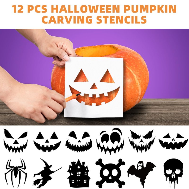 12PCS Halloween Pumpkin Carving Kit with 12 Stencils,Professional Stainless Steel Pumpkin Carving Tools with Storage Hand Bag,Pumpkin Carving Set for Halloween Decorations,Both Adluts & Kids