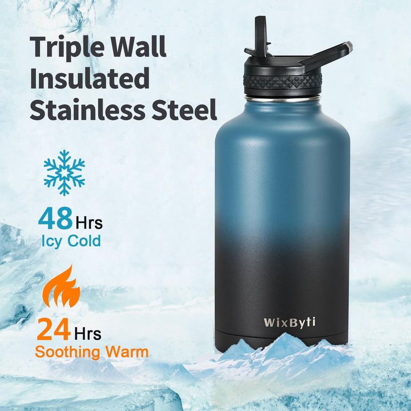 WixByti 64 oz Insulated Water Bottle with Straw (Cold for 48 Hrs), Half Gallon Stainless Steel Triple Wall Vacuum Sports Water Jug, Leakproof Hydro Cup Flask with Straw Spout Lids & DIY Stickers