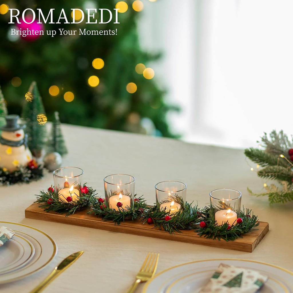 Romadedi Christmas Candle Holder - Rustic 4 Tealight Holders with Mini Wreaths | 16.5-Inch Wooden Tray for Holiday Table Decor